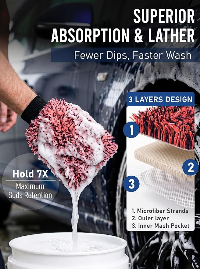 TAKAVU Car Wash Mitt Scratch Free, 2 Pack Microfiber Wash Mitts for Auto Detailing, Soft Lint Free Cleaning Gloves, Holds Sudsy Water, Machine Washable (Red & Black)