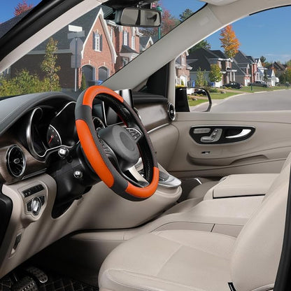 SEG Direct Steering Wheel Cover for Car, Standard Size 14.5-15 inch, Auto Interior Accessories, Black and Orange