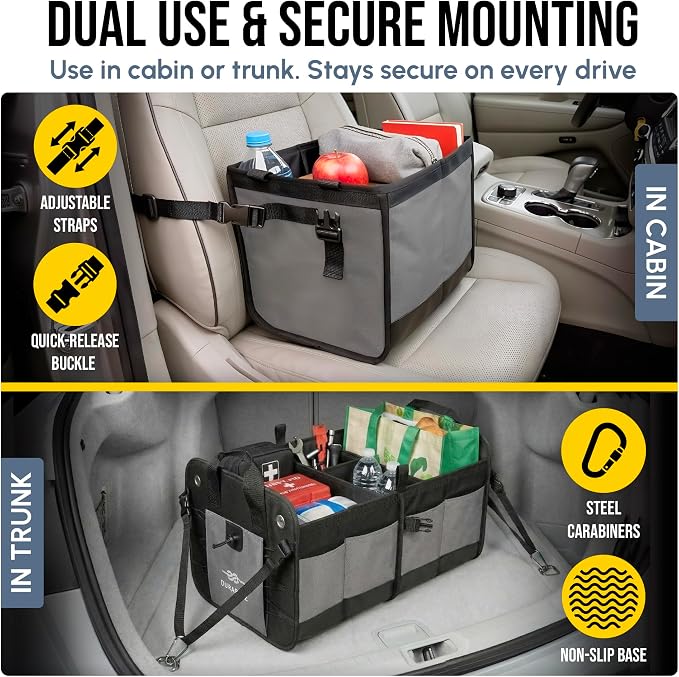 Modular 4-Section XL Trunk Organizer – Car Storage for Groceries, Tools, Sports Gear, Emergency Kits – Extra Large Multi-Compartment Cargo Box, Collapsible & Heavy Duty – Gray