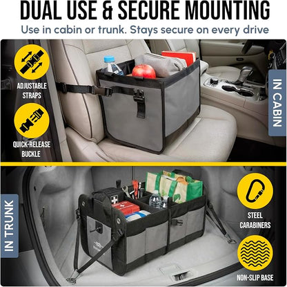 Modular 4-Section XL Trunk Organizer – Car Storage for Groceries, Tools, Sports Gear, Emergency Kits – Extra Large Multi-Compartment Cargo Box, Collapsible & Heavy Duty – Gray
