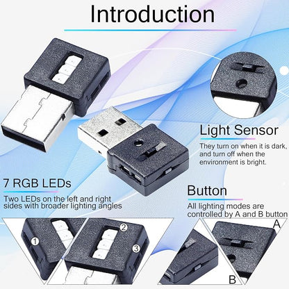 Three Sides Emit Light USB Type-A Car LED Ambient Light 7Leds RGB Atmosphere Lamp, Interior Dimmable Mood Lighting for Cars/SUV/Trucks