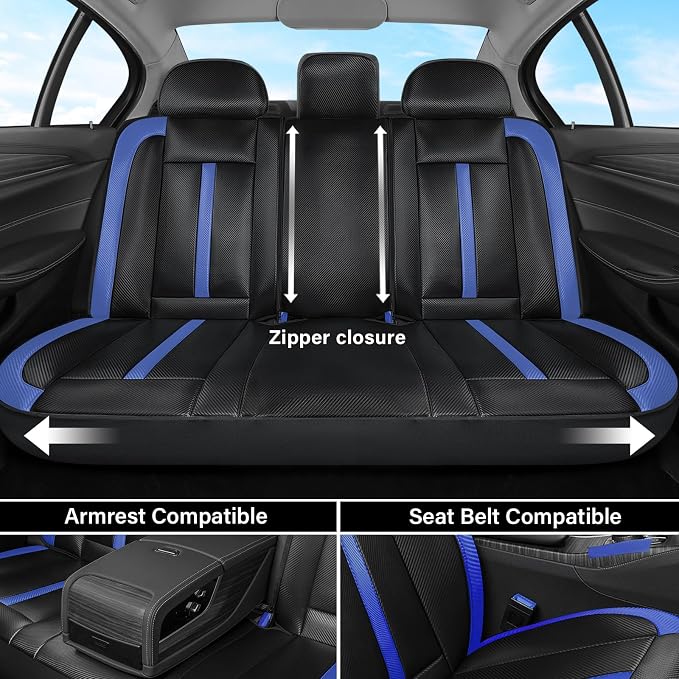 Coverado Leather Car Seat Covers Full Set & Carbon Fiber, Waterproof and Durable All Weather Protector, Universal Fit for SUV, Pickup Truck, Sedan, Automotive Vehicle Interior, Black&Blue