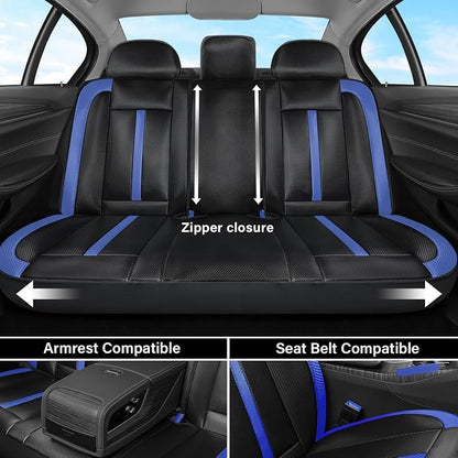 Coverado Leather Car Seat Covers Full Set & Carbon Fiber, Waterproof and Durable All Weather Protector, Universal Fit for SUV, Pickup Truck, Sedan, Automotive Vehicle Interior, Black&Blue