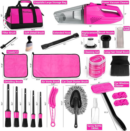 ThinkLearn Car Cleaning Kit, Car Corded Vacuum Detailing Kit Interior with High Power Handheld Vacuum, Including 7Pcs Detailing Brush Set, Windshield Cleaner, Pink Car Accessories for Women