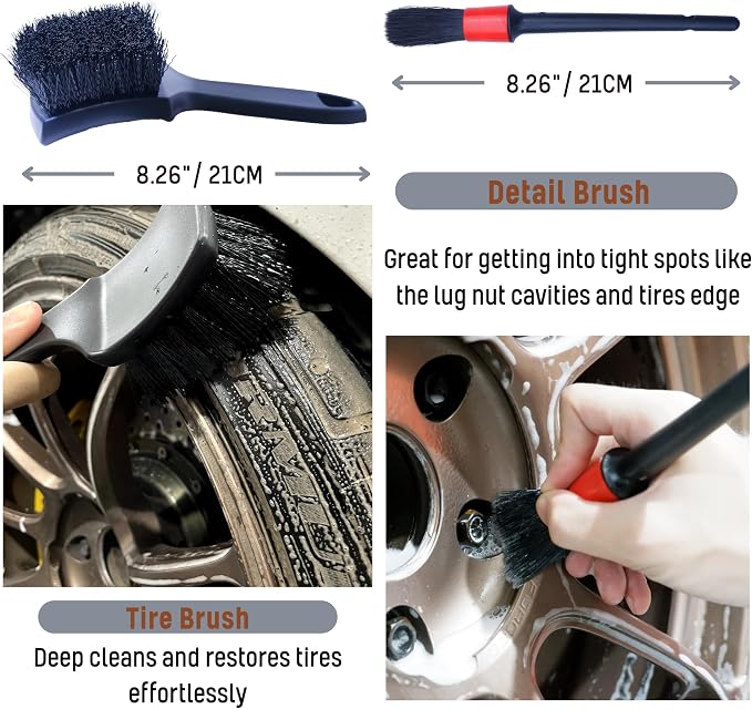 oesee Refined Long Handle Car Wheel Brush Arsenal, Soft Wheel and Rim Brush,Tire Brush, Bendable & Durable Car Wheel Rim Cleaner Brush Set for Cleaning Wheel and Tire, Large, Grey & Black