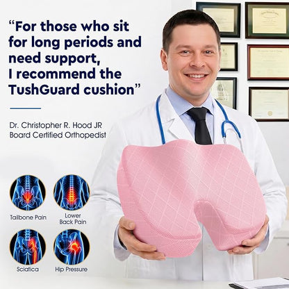 TushGuard Seat Cushion - for Office Chair, Car Seat, Airplane, Bleacher - Sciatica & Coccyx Pain Relief Desk Chair Cushion for Long Sitting Office Workers, Car Drivers(Pink, XXX-Large)