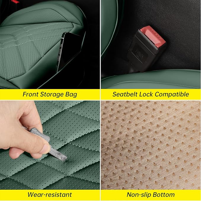 Green Car Seat Covers Full Set, Full Coverage Luxury Leather Green Seat Covers for Front and Rear Car Seats Waterproof Anti-Slip Cover Set Universal Fit for Most 5-Seater Cars SUVs