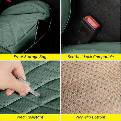Green Car Seat Covers Full Set, Full Coverage Luxury Leather Green Seat Covers for Front and Rear Car Seats Waterproof Anti-Slip Cover Set Universal Fit for Most 5-Seater Cars SUVs