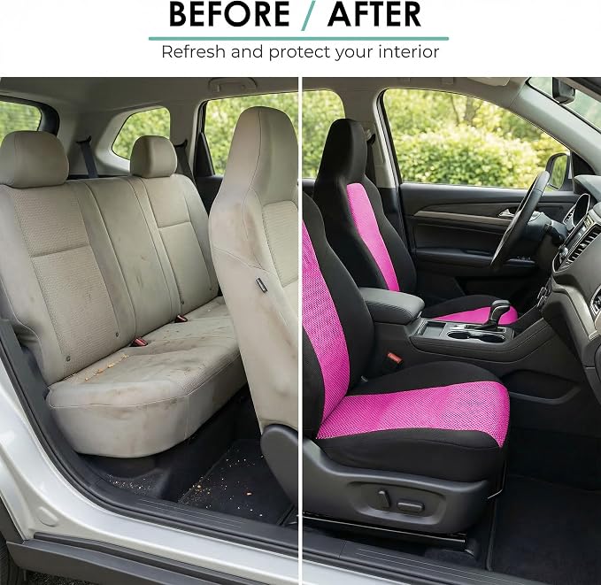 FH Group Automotive Full Car Seat Covers for SUV, Trucks, Sedan and More - Universal Fit Front High Back & Rear Solid Bench Design Interior Accessories - 3D Air Mesh Fabric Center Panel - Pink