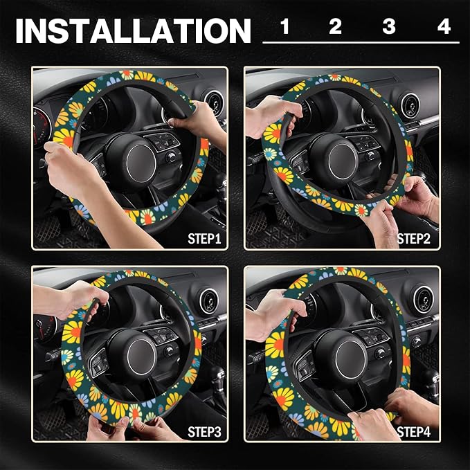 Hippie Flower Steering Wheel Cover, Anti-Slip 15 Inches Car Steering Wheel Cover for Women Men, Neoprene Floral Car Accessories Protective Case for Vehicle Truck SUV