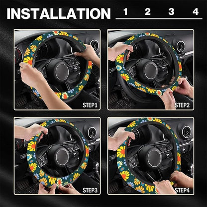 Hippie Flower Steering Wheel Cover, Anti-Slip 15 Inches Car Steering Wheel Cover for Women Men, Neoprene Floral Car Accessories Protective Case for Vehicle Truck SUV