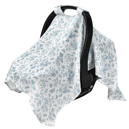 SERAPHY 100% Muslin Cotton Car Seat Covers for Babies - Universal, Breathable Canopies for Boys and Girls - Soft Summer Car Seat Cover - Blue Flowers