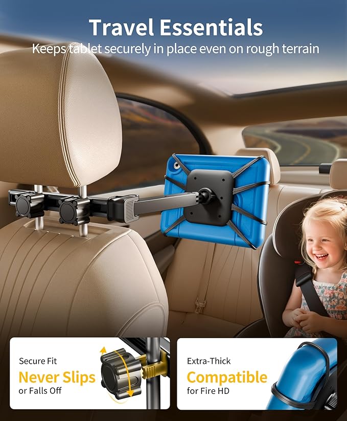 FANGOR Tablet Holder for Car - [3 in 1 Adjustable Extension Arm] Upgraded iPad Holder for car Backseat with Holding Net, Road Trip Essentials for Kids, for 7-13" iPad Pro, Air, Mini, Galaxy, Fire HD