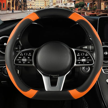 Microfiber Leather D Shaped Steering Wheel Cover, Breathable, Anti Slip, Universal 15 inch, Black with Orange