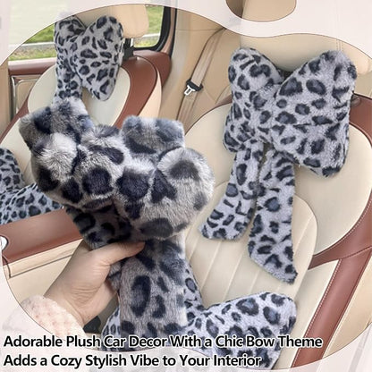 Car Neck Pillow 2PCS Plush Bowknot Car Headrest Pillow – Comfortable Neck Support for Driving Soft Touch Fabric Car Pillow Cute Interior Decor (Blue Leopard Set 4)