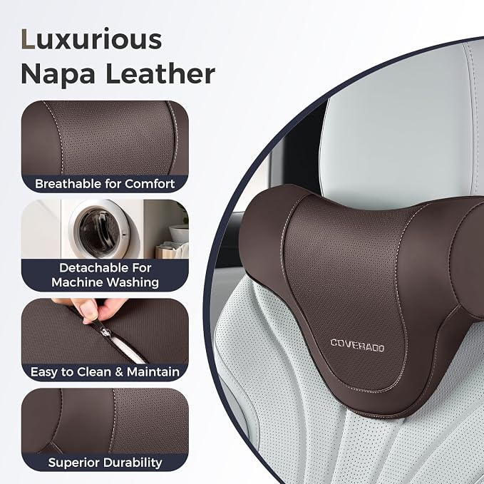 Coverado Car Headrest Pillow, Ergonomic Memory Foam Car Neck Pillow for Driving Seat with Adjustable Strap, Soft PU Leather Breathable Removable Cover Neck Support for Neck Pain Relief