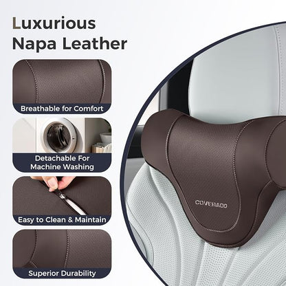 Coverado Car Headrest Pillow, Ergonomic Memory Foam Car Neck Pillow for Driving Seat with Adjustable Strap, Soft PU Leather Breathable Removable Cover Neck Support for Neck Pain Relief