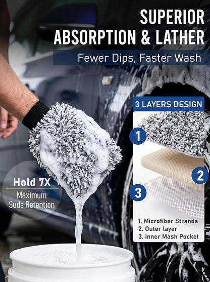 TAKAVU Car Wash Mitt Scratch Free, 2 Pack Microfiber Wash Mitts for Auto Detailing, Soft Lint Free Cleaning Gloves, Holds Sudsy Water, Machine Washable (Black & White)