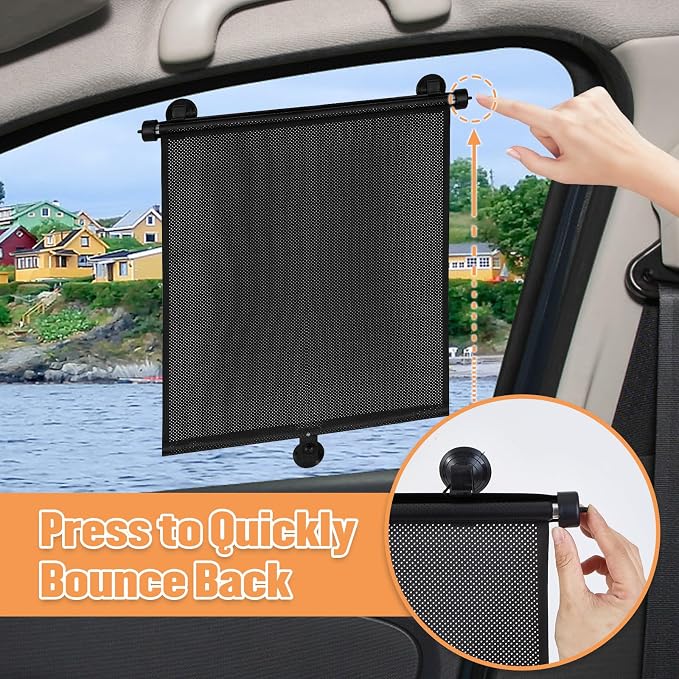 2 Pack Car Side Window Sun Shade - Retractable Car Roller Sunshadewith Reinforced Suction Cups, Drop Down UV Interior Sunshade, Stroller Window Sunshade (15" x 17")