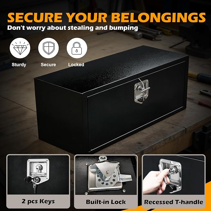 27 Inch Underbody Truck Tool Box, Heavy Duty Steel Underbody Toolbox with T-Handle Lock & Weatherproof Seal, Black Truck Trailer Tool Box for Pickup, Semi Truck, RV, Flatbed, Tractor (27×10×11)