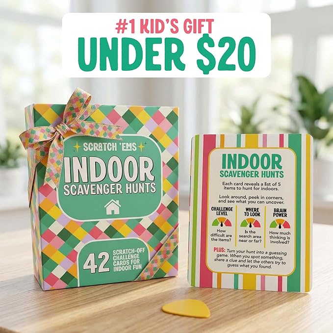 Scratch 'Ems Indoor Scavenger Hunt Cards with 42 Reusable Scratch Off Screen-Free Games for Kids, At-Home Scavenger Hunt Adventures for Rainy Days & Cold Days