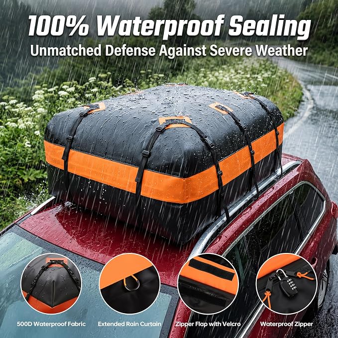 Car Rooftop Cargo Carrier Bag, 21 Cubic Feet Waterproof Heavy Duty Roof Bag with 8 Reinforced Straps & Combination Lock, Soft Shell PVC Car Top Luggage Carrier for SUV Truck RV, Travel Camping Storage
