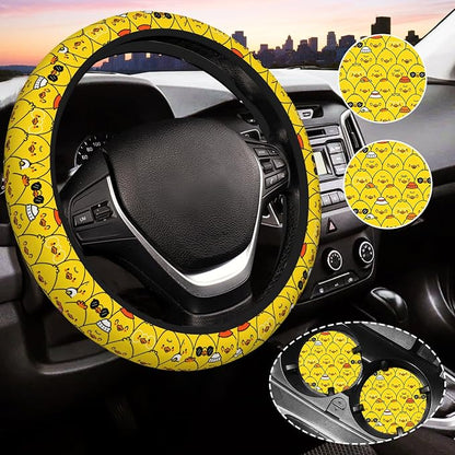 Yellow Steering Wheel Cover for Women,Universal Auto Steering Wheel 14-15 Inch Car Interior Accessories with 2PCS Car Coasters,Suitable for Men and Women