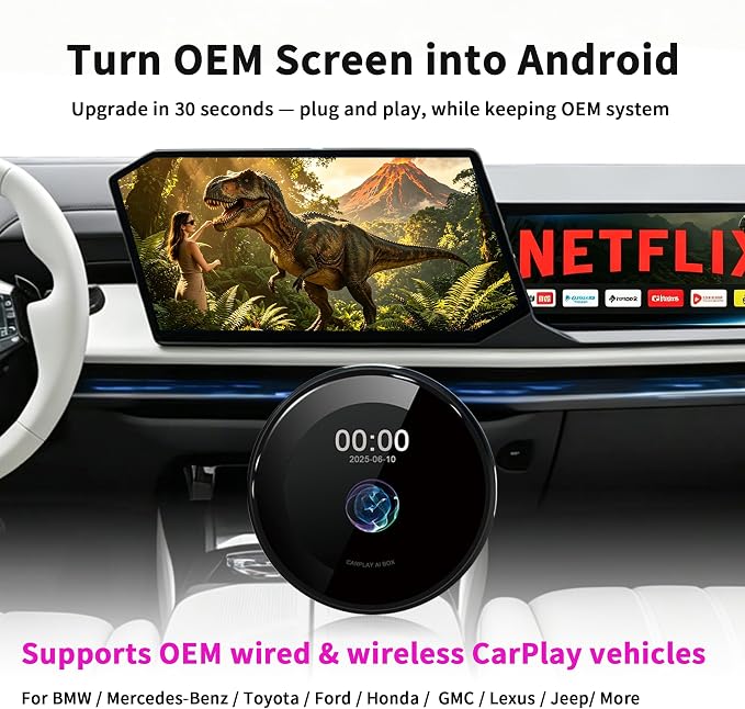 CUSP 3.2 Inch Screen CarPlay AI Box, Wireless Adapter for Factory Wired or Wireless CarPlay Cars, Magic Streaming Video Box with Netflix YouTube TikTok, Android Auto, TF Card, Plug and Play
