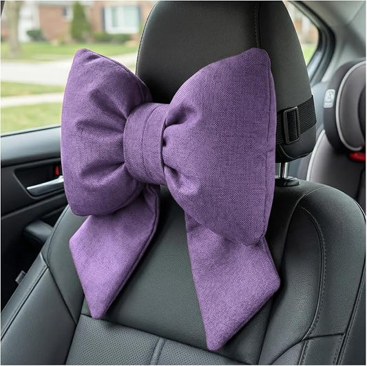 Cute Bow Car Headrest Pillow, Soft Comfortable Bow Auto Seat Pillow with Adjustable Strap, Breathable Ergonomic Neck Support Cushion Bowtie Decoration for Most Vehicles (Purple)