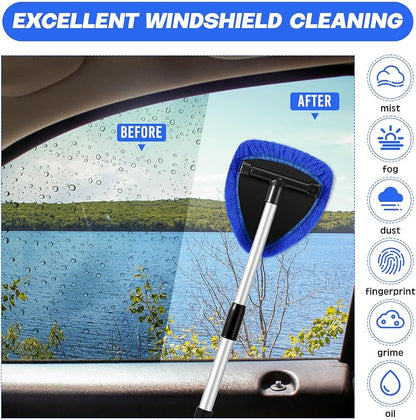 Baderke 10 Pcs Windshield Cleaner Tool Car Window Cleaning Supplies with Extendable Handle Include 6 Washable Microfiber Bonnets 2 Empty 60ml Spray Bottle Glass Wiper Kit(Royal Blue)