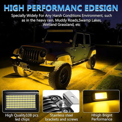 Nicoko 108 High-Power LEDs per Pod 4Pods Yellow Amber Rock Lights Ultra-Bright Offroad Underglow Kit Advanced Heat Dissipation IP68 Waterproof for Truck, SUV, UTV, ATV, RZR