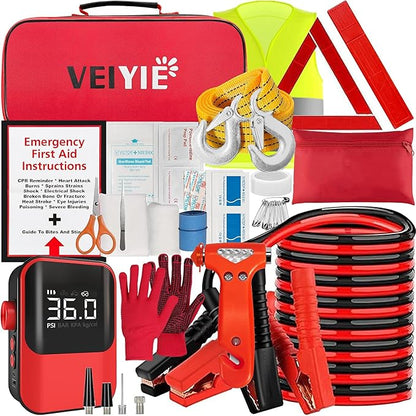 Roadside Emergency car kit for Vehicles, Car First Aid Emergency kit with Portable Air Compressor, Heavy Duty Jumper Cables, Tow Strap, Road Trip Essentials Safety kit, New Driver Gifts