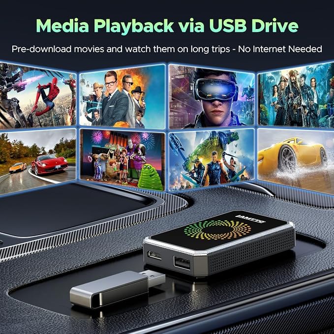 LAMTTO 3-in-1 Magic Video Box for Streaming Netflix/YouTube/TikTok, Wireless Carplay Adapter Dongle with USB Drive for OEM Wired Apple Car Play and Android Auto Cars