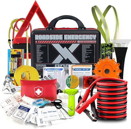 KITGO Roadside Emergency Car Kit (137Piece), with Jumper Cable, Car Safety Road Rescue Kit,Car Emergency Kit Gift for Father Women and Men,Tow Strap,Car Tool Kit (Black)