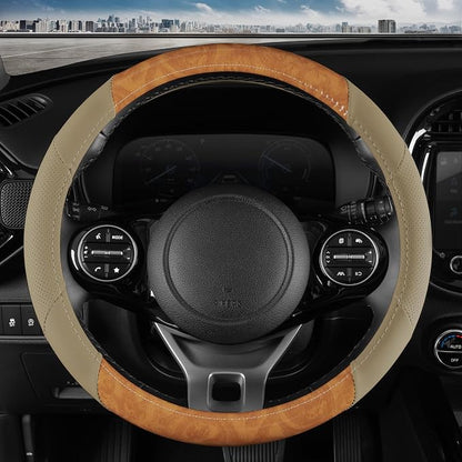 BDK BurlwoodLux Wood Grain and PU Leather Beige Steering Wheel Cover - Sport Grip for Car Auto SUV Trucks
