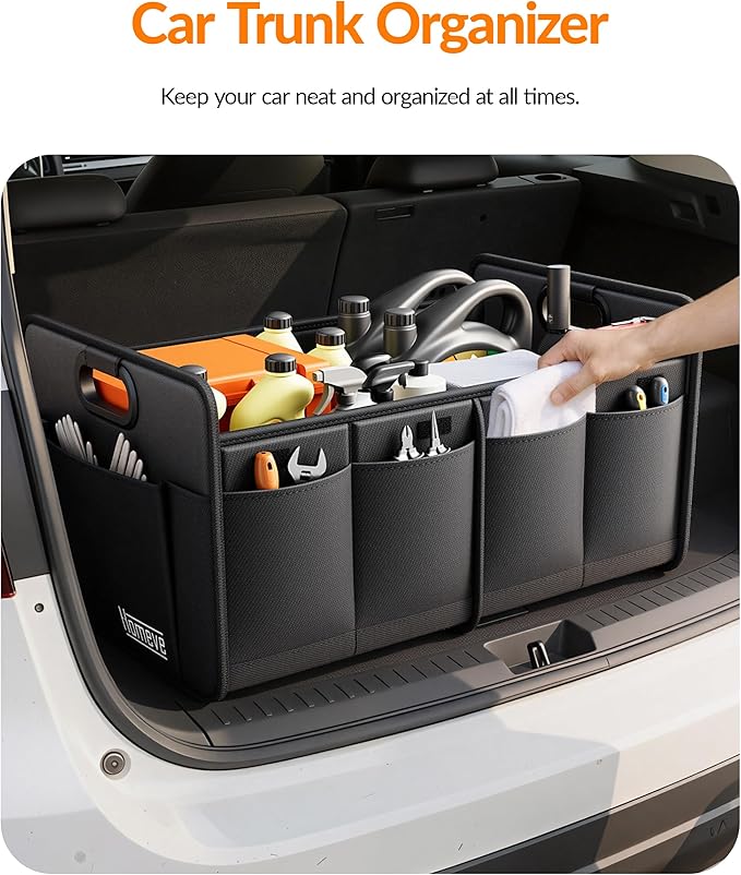 Homeve Car Trunk Organizer for SUV, 15.5Gal Large Capacity No-Sag Heavy Duty, Foldable Waterproof Anti-Slip Storage with 12 Pockets, Fit Sedan,Truck, Universal Car Accessories, Black, 2 Compart,Medium