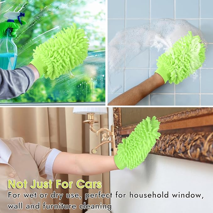 3 Pack Chenille Microfiber Car Wash Mitt, 7" x 9.6" Car Washing Mitts, Home Dusting Gloves, Scratch Free Lint-Free, Highly Absorbent, Double Sided, for Cleaning Detailing Polish (Green)