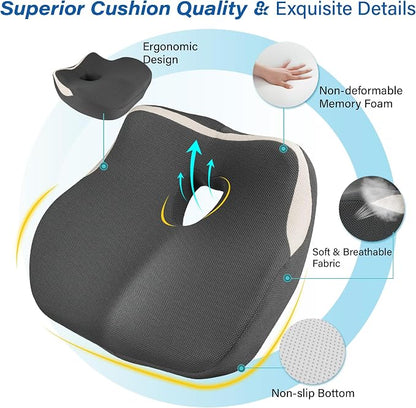 Car Seat Cushion: Ergonomic Memory Foam Car Cushion for Sciatica Pain Relief, Larger Driving Seat Pillow for Short Drivers on Long Drives - Butt Pillow for Truck, Office, Wheelchair - Gray