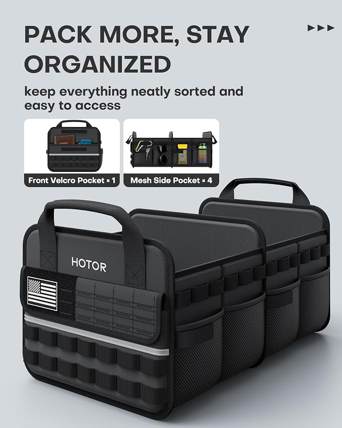 HOTOR Tactical Car Trunk Organizer - Foldable Trunk Organizer for SUV with Front MOLLE Pocket & Reflective Strips, Essential Car Accessories for Tools & Outdoor Storage, 15.0" x 23.6" x 11.0", Black