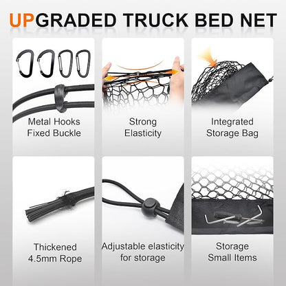 Envelope Style Truck Cargo Net for Honda Ridgeline 2017-2024 2025 Accessories, Heavy Duty Carabiners Highly Elastic Truck Bed Mesh Cargo Net