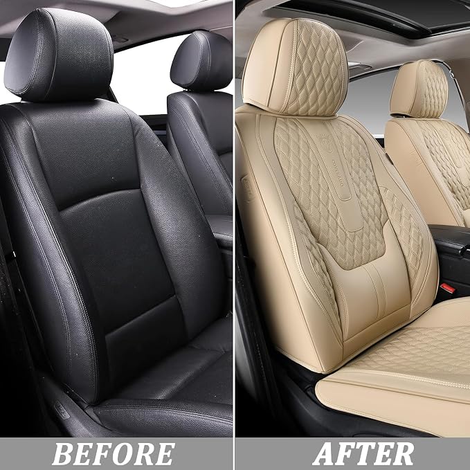 Coverado Front Seat Covers, Car Seat Covers Front Seats, Nappa Leather Seat Covers for Cars, Waterproof Seat Covers with Lumbar Support Universal Fit for Most Cars SUV Trucks (Front, Beige)