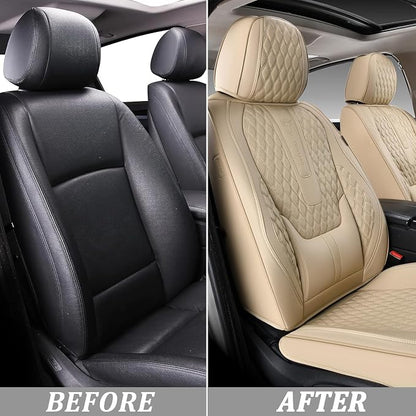 Coverado Front Seat Covers, Car Seat Covers Front Seats, Nappa Leather Seat Covers for Cars, Waterproof Seat Covers with Lumbar Support Universal Fit for Most Cars SUV Trucks (Front, Beige)