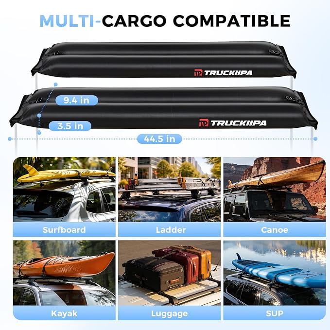 Truckiipa Soft Roof Rack Pads, 2Pcs Universal Inflatable Airbag Roof Racks for Surfboard, Kayak, SUP, Reusable Heavy Duty Car Racks System with Straps, Air Pump, Hood Loops and Storage Bag, 44inch