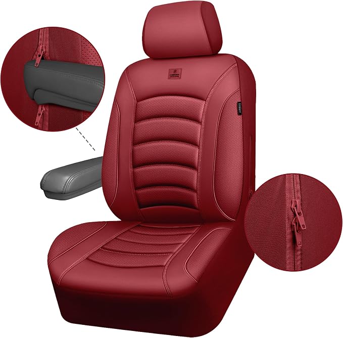 CAR PASS 3D Foam PU Leather Car Seat Covers, Universal Seat Covers Full Sets for Trucks SUV Sedan Automotive Seat Covers Armrest Airbag Compatible Waterproof Comfortable Faux Nappa Leather Burgundy