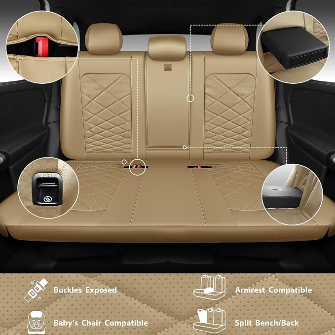 CAR PASS Luxury Nappa Leather Seat Covers Full Set, Water Resistant Faux Leather Seat Cover with Lumbar Support, Breathable Automotive Seat Covers Universal Fit for Sedan SUV Van Truck, Pure Beige