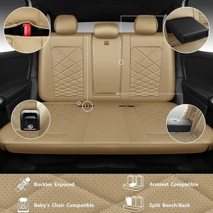 CAR PASS Luxury Nappa Leather Seat Covers Full Set, Water Resistant Faux Leather Seat Cover with Lumbar Support, Breathable Automotive Seat Covers Universal Fit for Sedan SUV Van Truck, Pure Beige