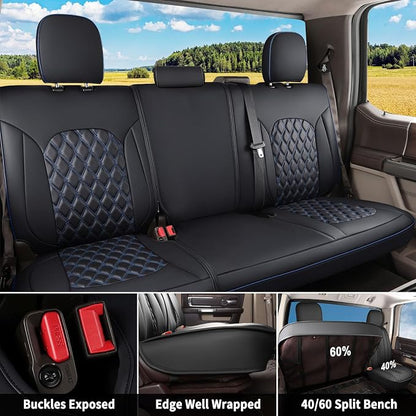 Huidasource Tacoma Rear Seat Covers, Automotive Leather Car Back Seat Cover Fit for 3rd Gen Toyota Tacoma 2016-2023 Double & Crew Cab SR SR5 Limited TRD Sport/Pro/Off Road (Back Row/Black&Blue)