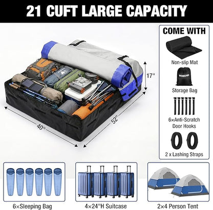 WORKPRO 21 Cubic Feet Rooftop Cargo Carrier Roof Bag, Waterproof Roof Rack Cargo Carrier for Vehicles with/Without Rack, Heavy Duty 840D PVC, Includes Anti-Slip Mat, 6 Door Hooks and Storage Bag