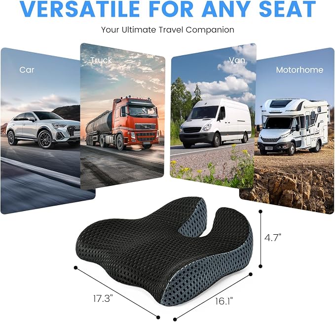 Car Seat Cushion, Broader Visibility with Wedge Design & Coccyx Sciatica Pain Relief with Ergonomic Design, Non-Slip Base,Breathable Mesh Cover, Memory Foam for Long Drive in Car Truck Van Motorhome