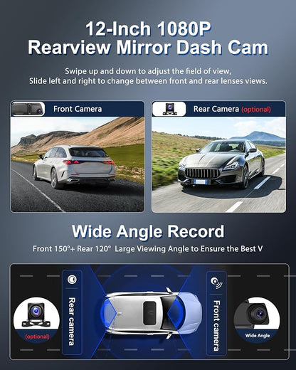 Podofo 12" Mirror Dash Cam with Wireless Carplay&Android Auto,4K Front Mirror Dash Cam with IPS Touchscreen,Support Night Vision,Voice Control,Parking Assistance,G-Sensor,24H Parking Monitor